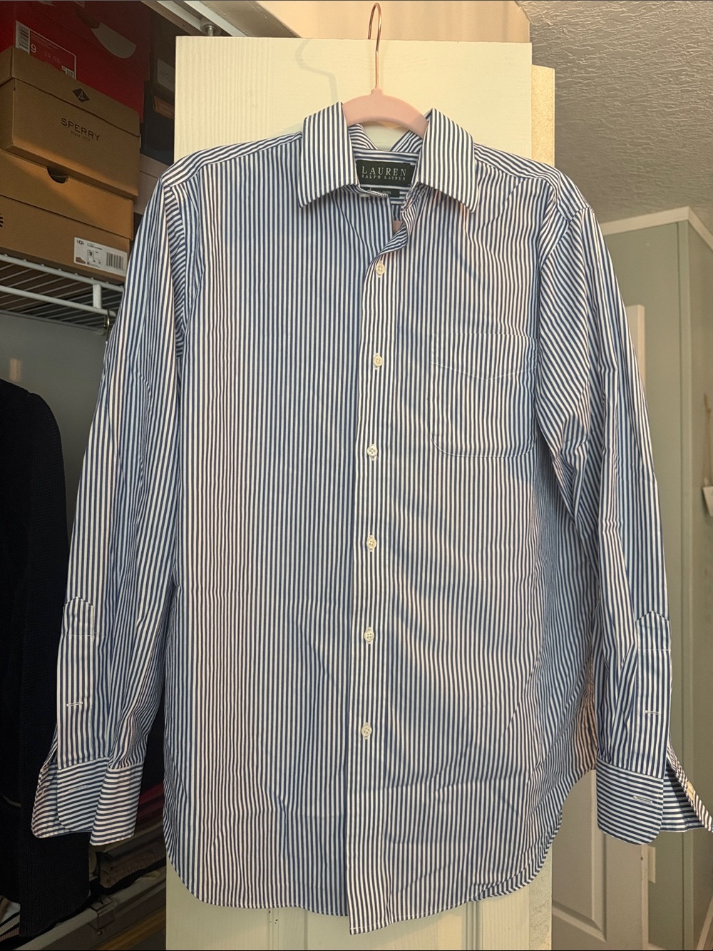 Lauren Ralph Lauren Men's White & Blue Vertical Stripe Dress Shirt